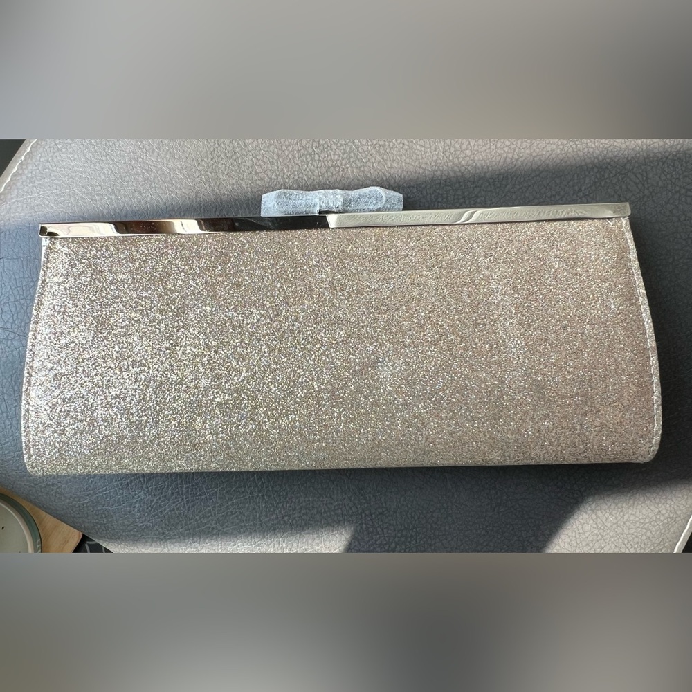 INC International Concept NWT Gold Clutch with Silver Rhinestone Bow